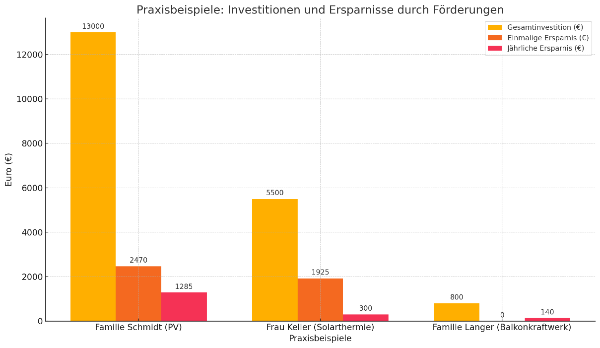 Balkendiagramm: Investitionen und Ersparnisse durch Förderungen für Familie Schmidt (PV), Frau Keller (Solarthermie) und Fami