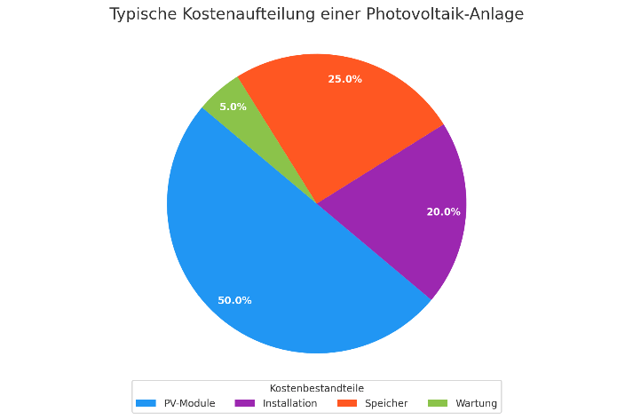 Kreisdiagramm zur Kostenaufteilung einer Photovoltaikanlage: PV-Module 50%, Installation 20%, Speicher 25%, Wartung 5%
