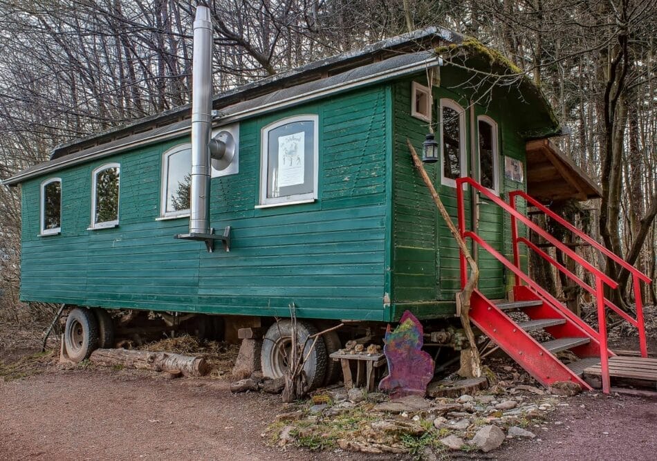 Grüner Bauwagen mit roten Treppenstufen, drei Fenstern und langem Schornstein steht im Wald auf einer Lichtung
