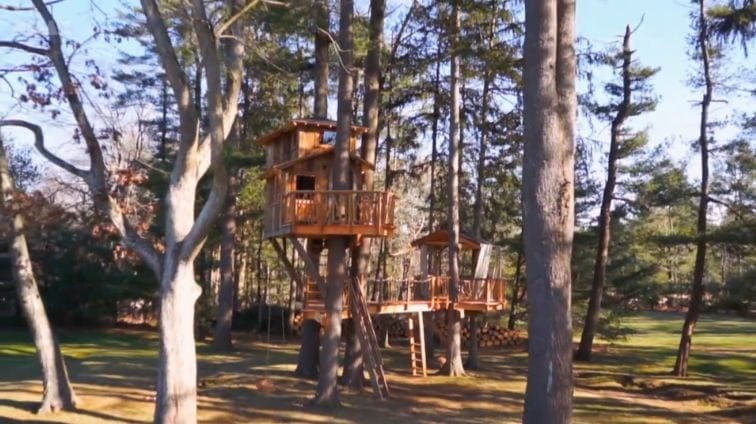 Baumhaus-Gästehaus des Teams von Pete Nelson vor bewaldeter Hanglage in Oregon