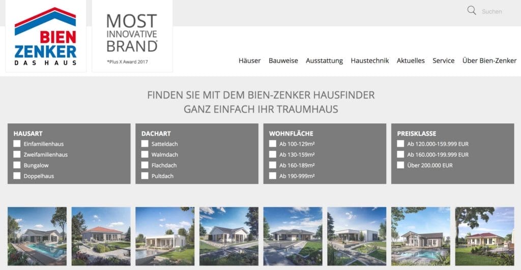 Website-Screenshot des Bien-Zenker Hausfinders, der verschiedene Hausarten, Dachformen, Wohnflächen und Preisklassen zeigt