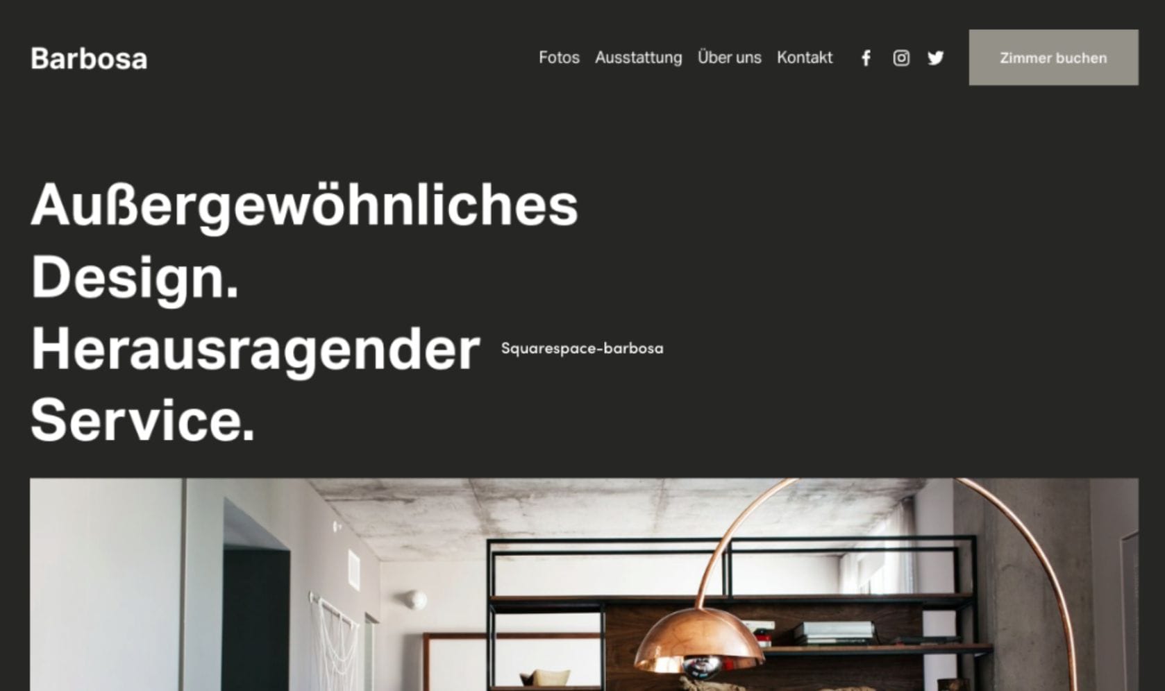 Startseite der Ferienwohnungs-Website Barbosa mit dem Titel "Außergewöhnliches Design. Herausragender Service"