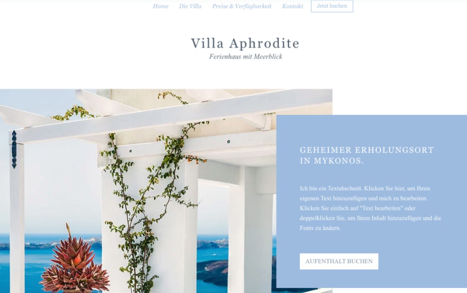 Screenshot der Startseite für die Ferienwohnung namens „Villa Aphrodite – Ferienhaus mit Meerblick“