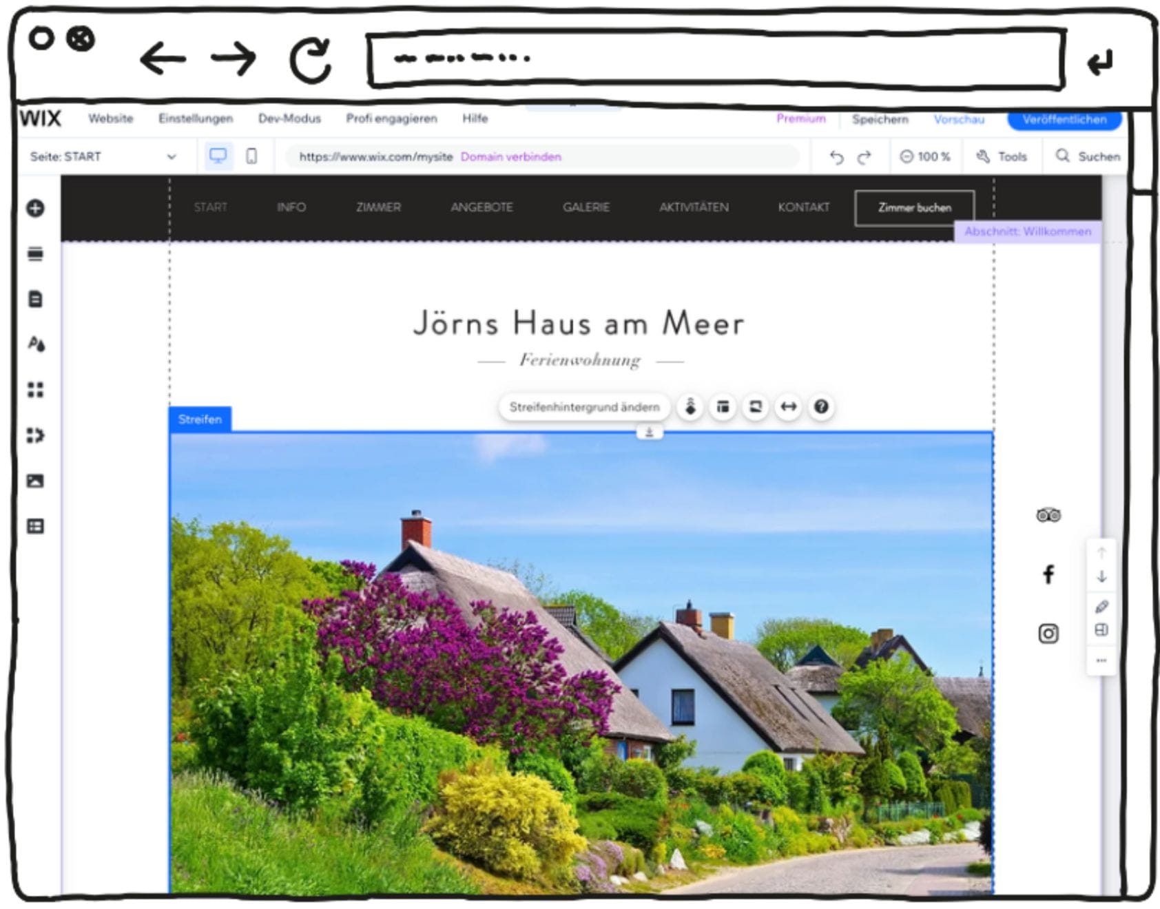 Screenshot der Bearbeitungsoberfläche des Homepage-Baukastens Wix mit einer Ferienwohnungs-Website