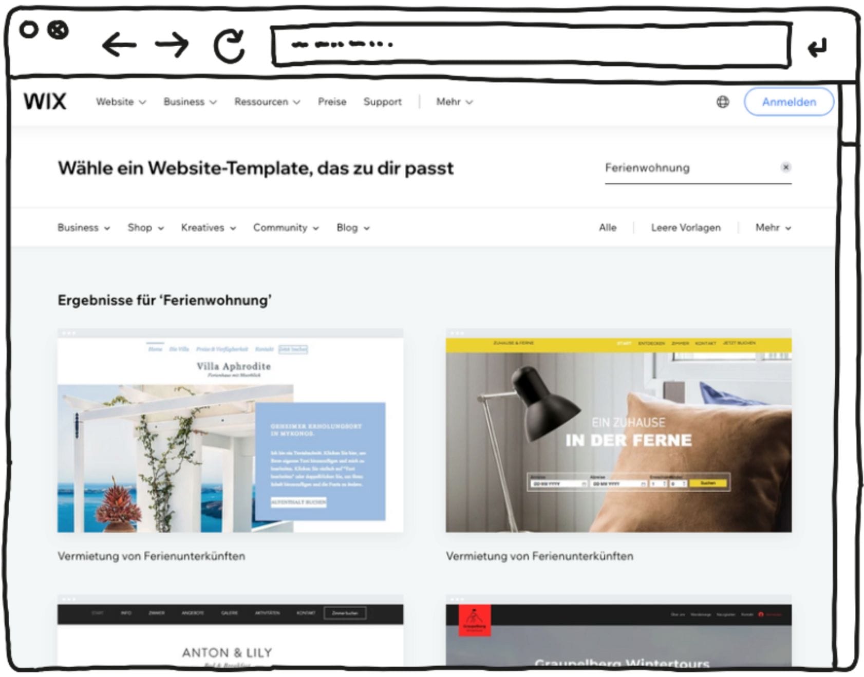 Wix Website-Baukasten mit Suchergebnissen für „Ferienwohnung" und verschiedenen Template-Vorschlägen