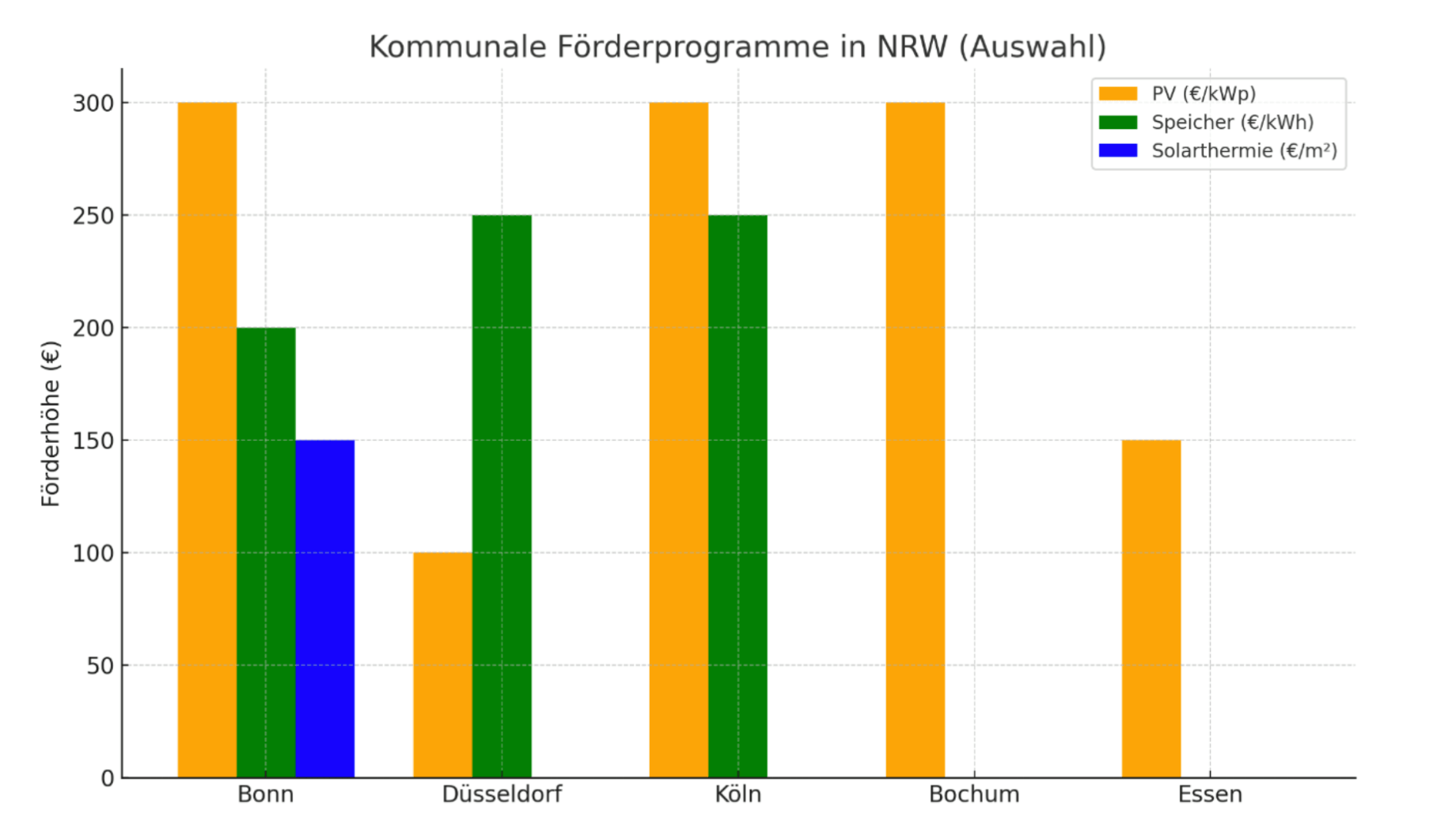 Balkendiagramm: Kommunale Förderprogramme in NRW (Auswahl) in den Städten Bonn, Düsseldorf, Köln, Bochum, Essen