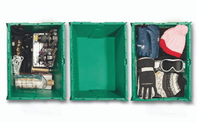Drei grüne Kisten, eine mit Technik, eine leer, eine mit Winterkleidung, nach der KonMari Methode geordnet