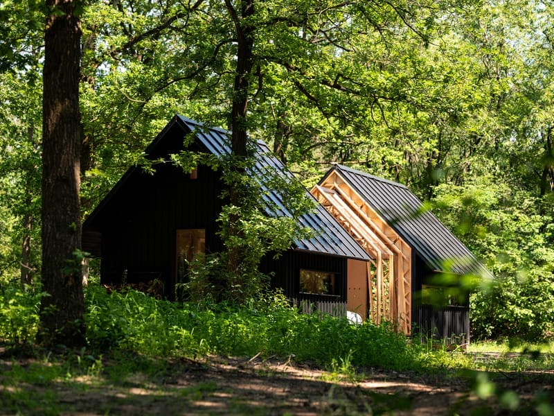 Cabin ANNA: schwarze, modulare Hütte im Wald, deren Holzwände sich wie eine Blüte öffnen