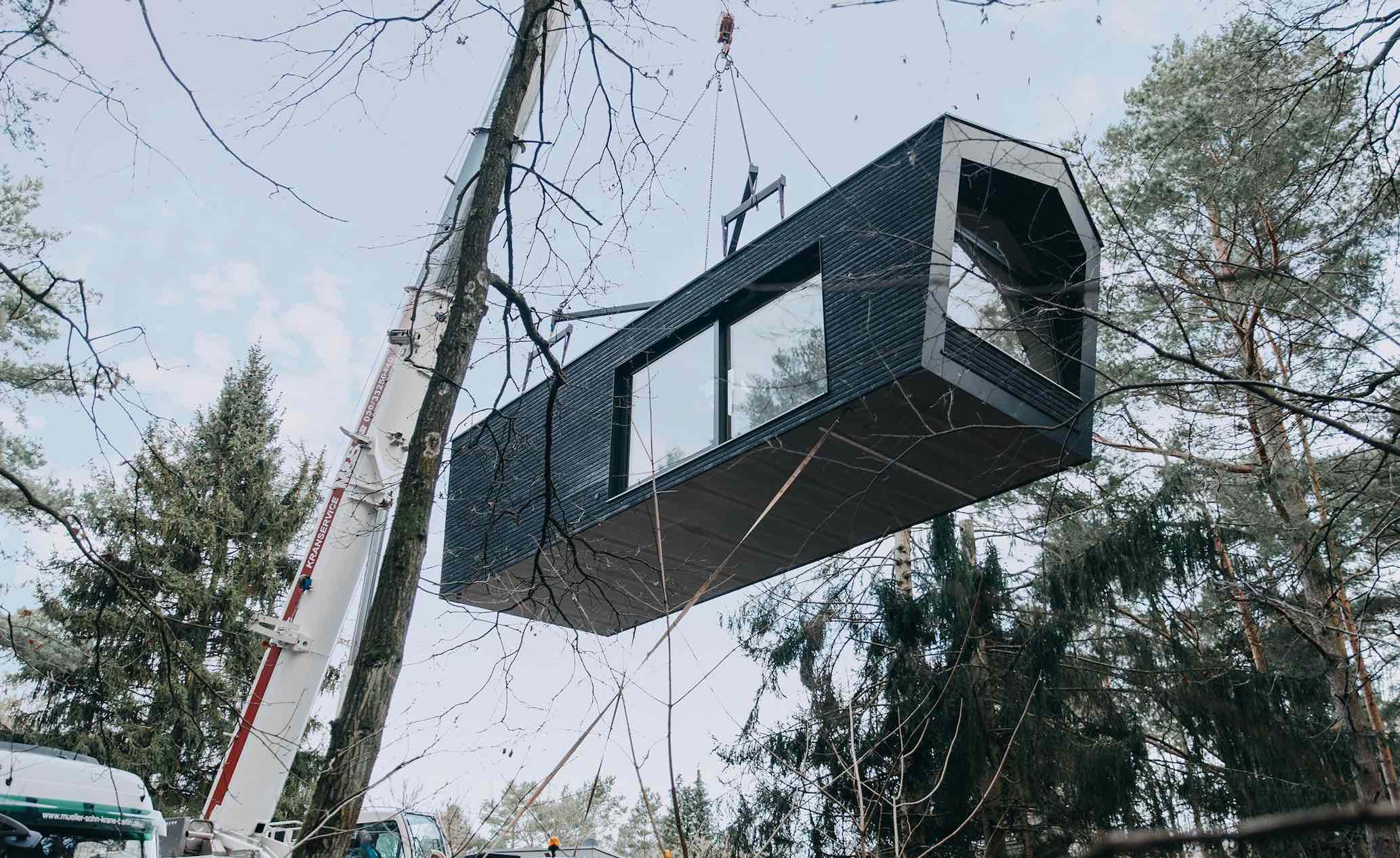 Ein Modulhaus aus schwarzem Holz und großen Fenstern wird mithilfe eines Krans in einem Wald aufgestellt
