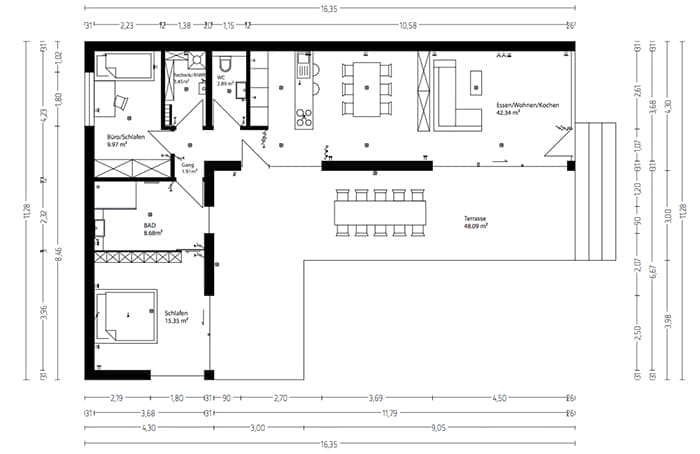 Grundriss eines Modulhauses in L-Form mit Maßen und Raumbezeichnungen für Bad, Schlafzimmer, Wohnküche und Terrasse