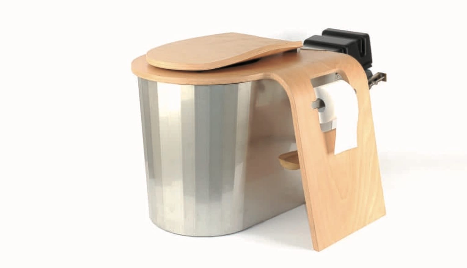 Trenntoilette für Tiny Houses aus hellem Holz und Edelstahl mit Toilettenpapierhalterung und Holzdeckel