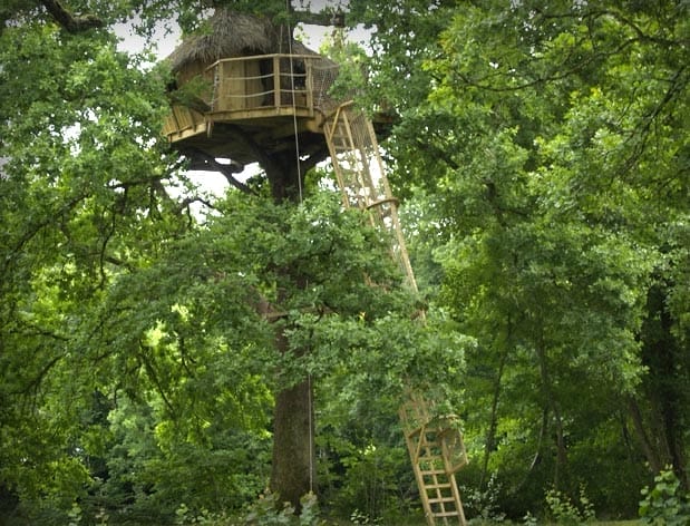 Ein Baumhaus mit Strohdach und Holzgeländer, umgeben von dichtem Laub der Domaine des Grands Lacs