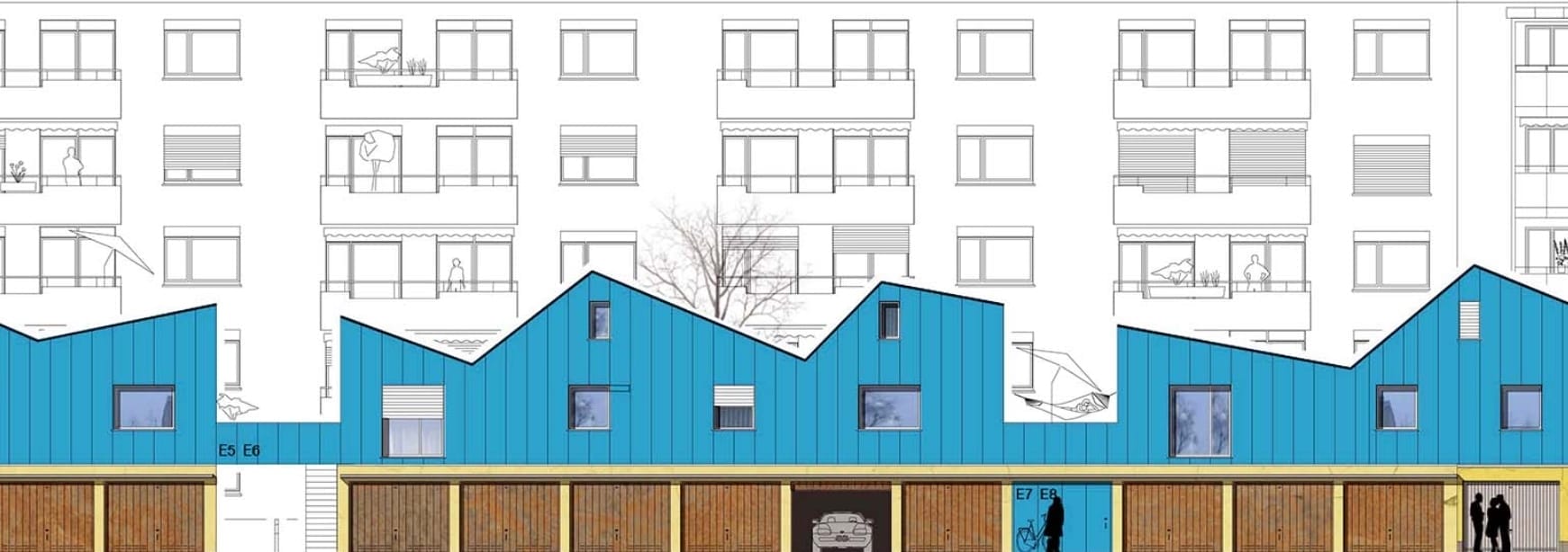 Architektur-Zeichnung der VOLKSWOHNUNG GmbH mit auf Garagen gebauten Wohnmodulen von Falk Schneemann