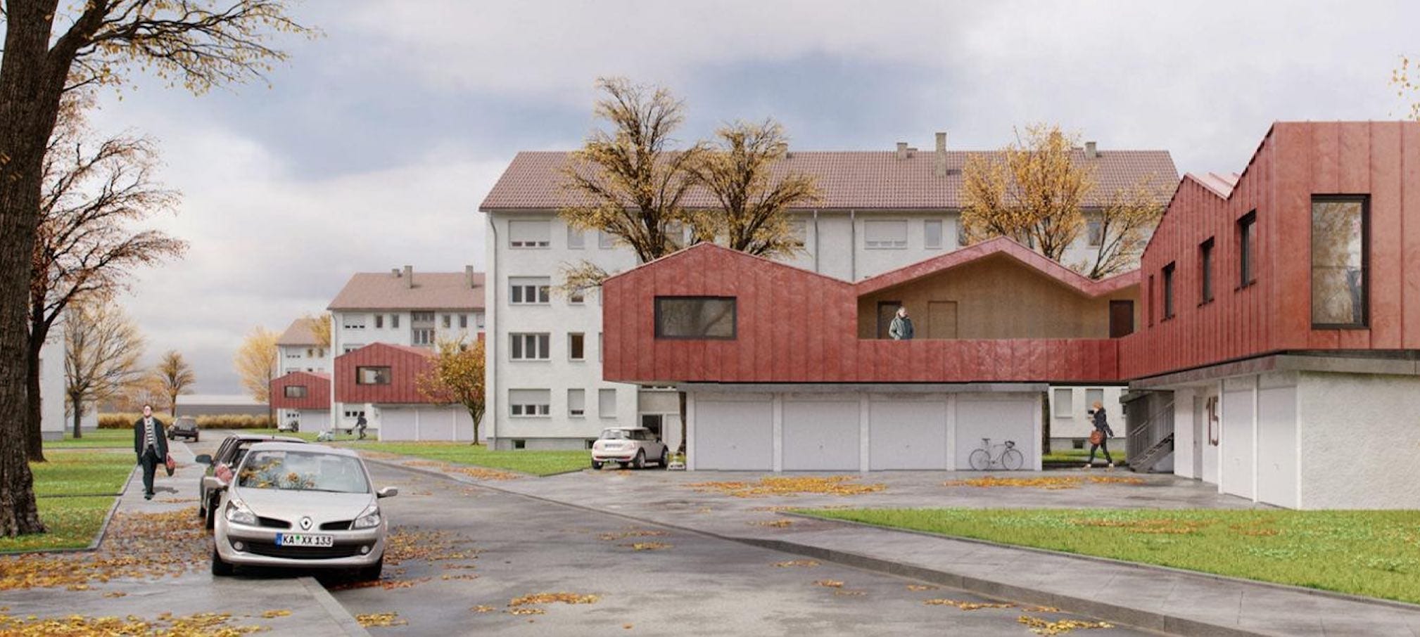 Rendering von Minihäusern mit roter Verkleidung auf Garagen in einer Wohnsiedlung