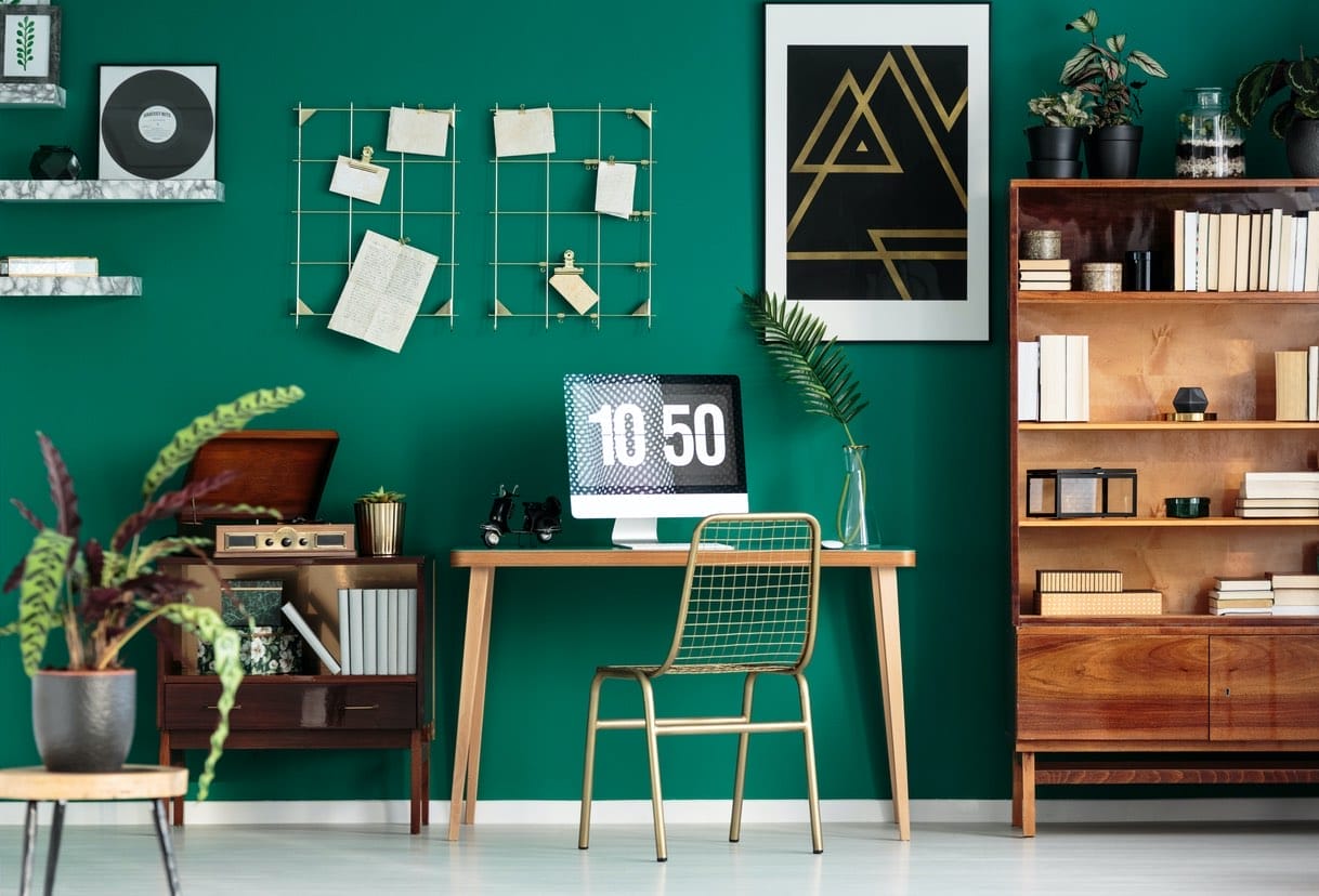 Ein Schreibtisch mit goldenem Metallstuhl und weißem Monitor vor einer dunkelgrünen Wand mit Memoboards und schwarzem Bild