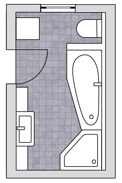 Grundriss eines Bades mit Eckbadewanne, Waschtisch, WC und Duschkabine. Der Raum ist mit grauen Fliesen ausgelegt