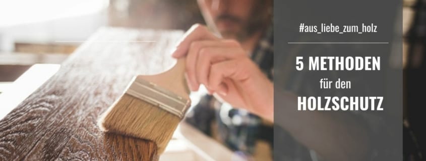 Ein Mann streicht eine Holzoberfläche mit einem Pinsel, auf der rechten Seite steht "5 METHODEN für den HOLZSCHUTZ"