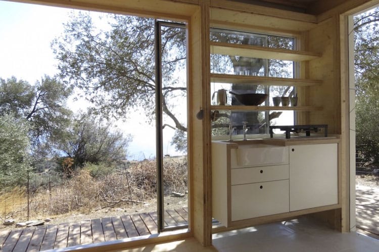Blick aus einem minimalistischen Haus mit holzverkleideter Kochnische und Spülbecken in die Natur