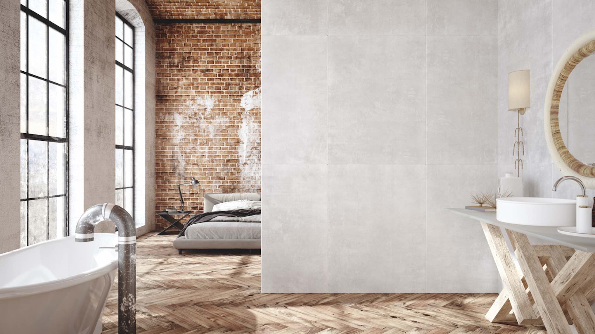 Offener Wohnraum mit Badewanne, Schlafbereich und Waschtisch hinter einer Trennwand, Loft-Stil