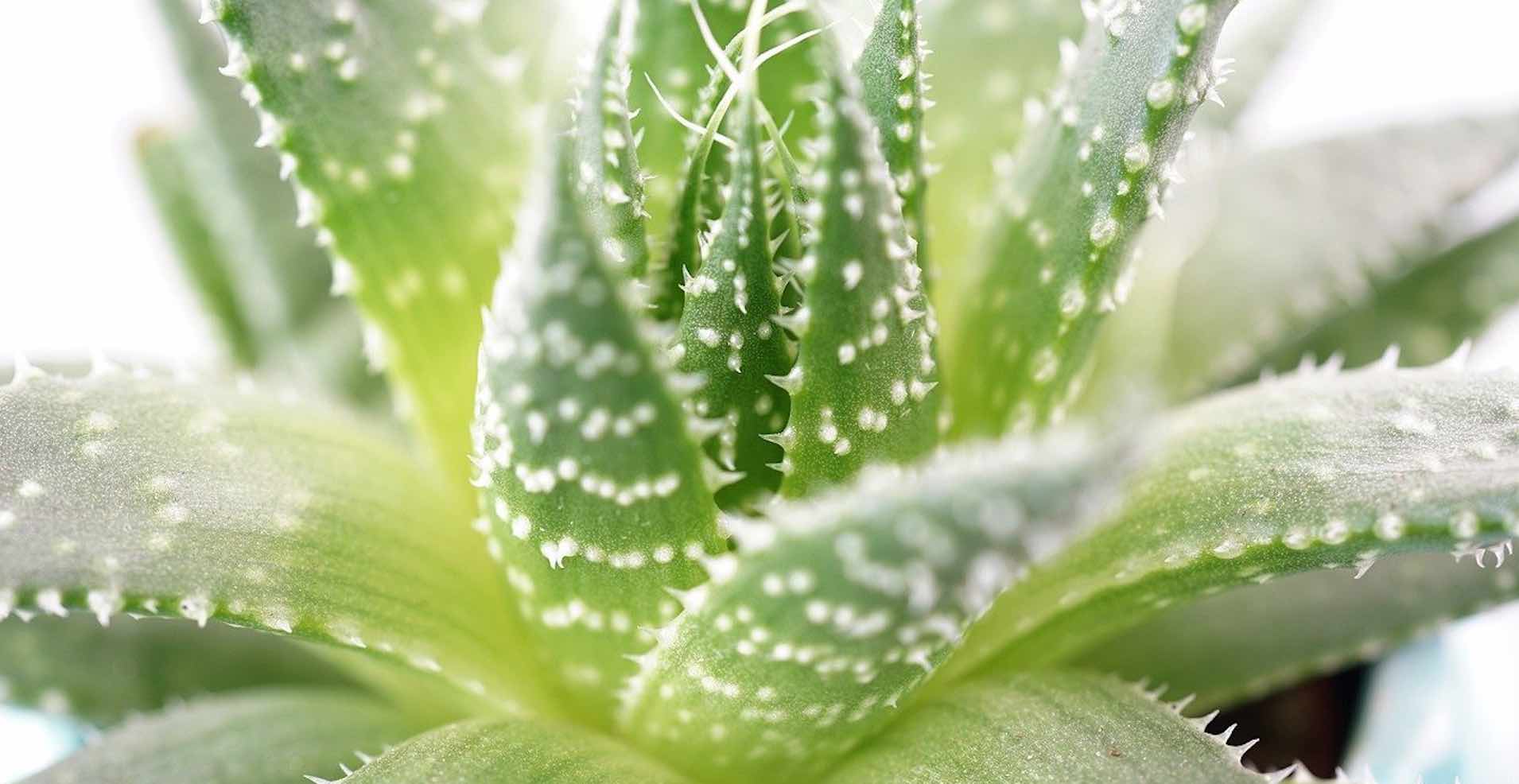 Nahaufnahme einer Aloe Pflanze mit hellgrünen Blättern mit weißen Punkten und kleinen Stacheln