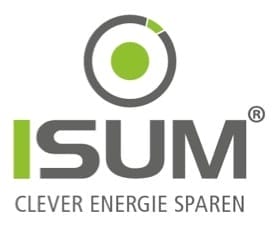 Logo von ISUM: Schriftzug "ISUM CLEVER ENERGIE SPAREN" und ein Kreis mit grünem Punkt und Teilsegment