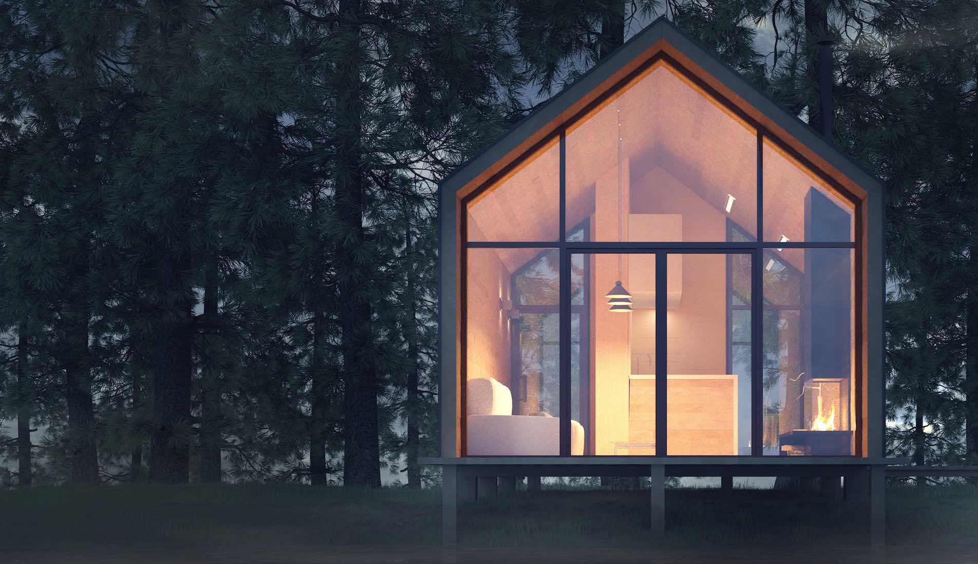 Modernes Glashaus bei Nacht im Wald, das hell erleuchtet ist und so Gemütlichkeit ausstrahlt