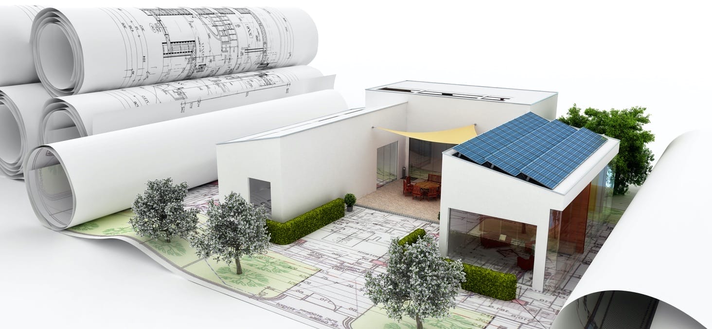 Architektenpläne mit einem weißen Einfamilienhaus, Solaranlage und Terrassenüberdachung als 3D-Modell