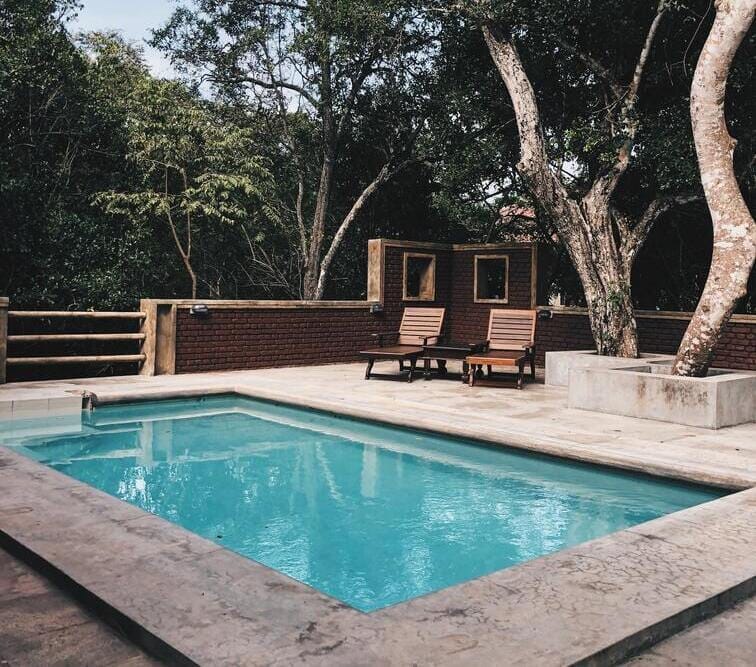 Ein rechteckiger Mini-Pool im Garten mit zwei Holzliegen auf der Poolterrasse und umrandenden Bäumen