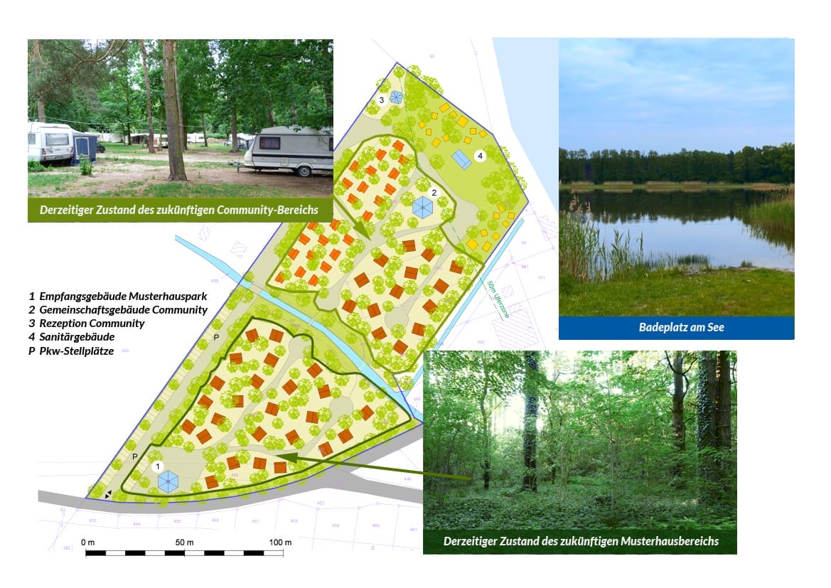 Plan des Tiny House Parks mit schematischer Darstellung von Gebäuden und Stellplätzen an einem See