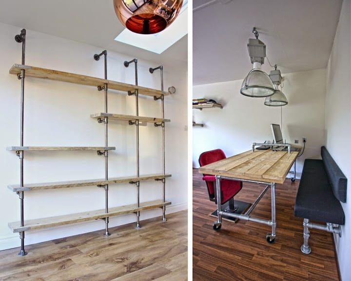 Wandregale und Schreibtisch mit Sitzbank aus Metallrohren und Holzbrettern selbst gebaut