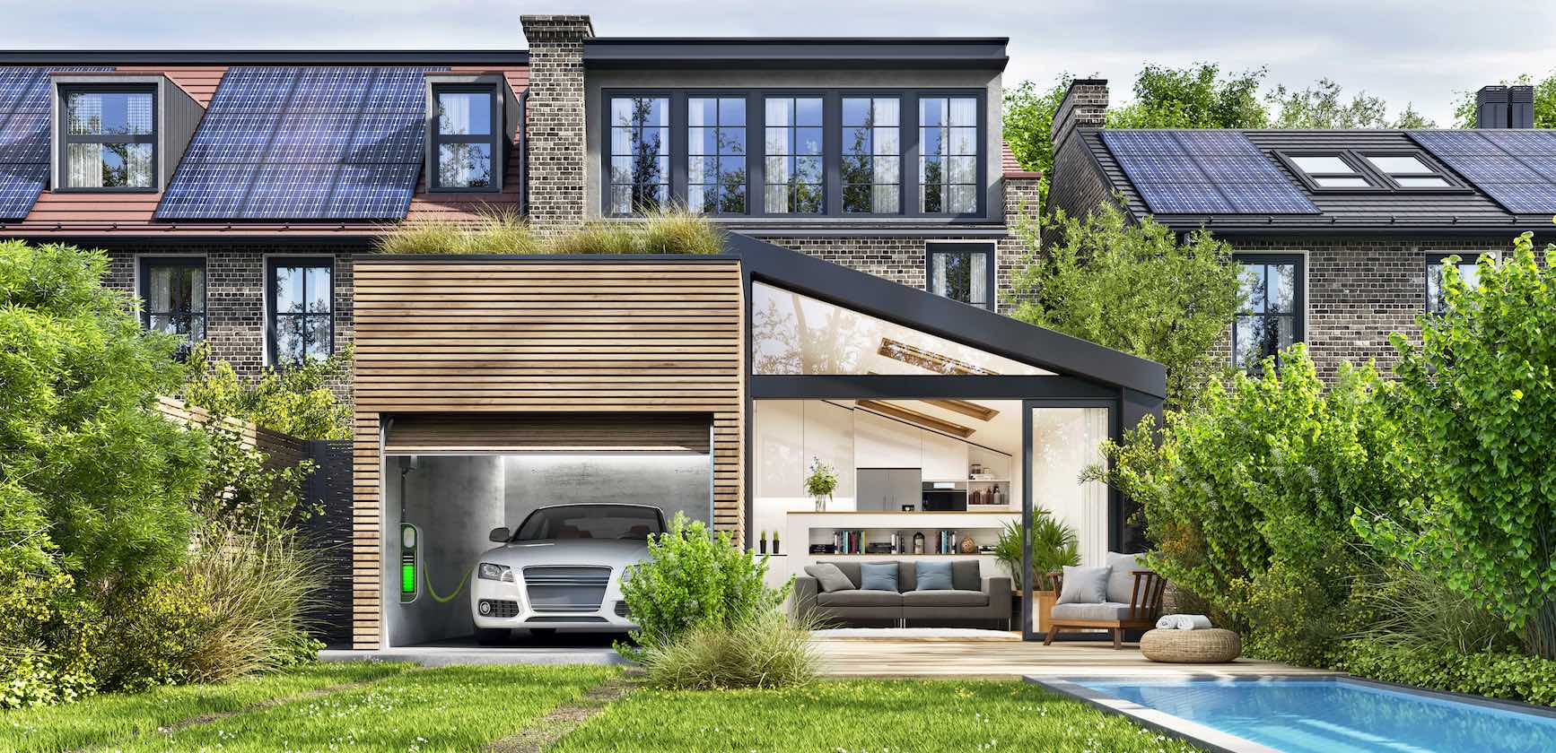 Ein moderner, begrünter Carport mit Holzlattung und Glasfassade, davor ein Pool und daneben ein Pool und viel Grün