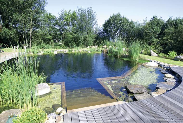 Großer Naturpool mit Holzsteg und üppiger Bepflanzung im Garten eines Hauses
