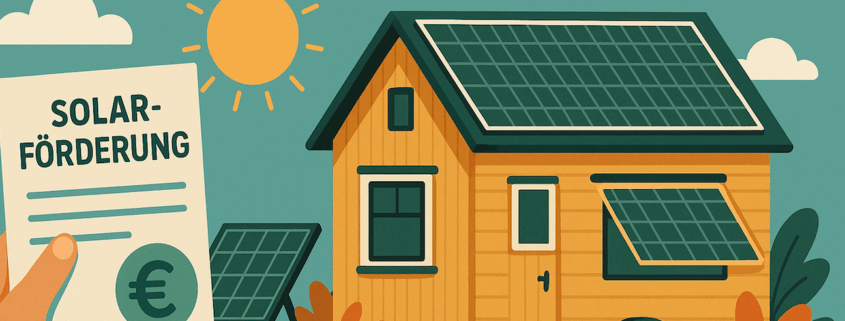 Illustration einer Hand, die ein Dokument mit der Aufschrift "Solarförderung" hält, daneben ein Haus mit Photovoltaik-Modulen