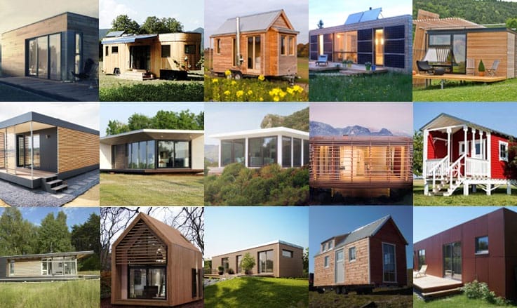 Eine Collage aus 15 verschiedenen Tiny Houses in unterschiedlichen Baustilen und Umgebungen