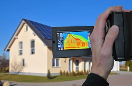 Wärmebildkamera nimmt Einfamilienhaus mit Solaranlage auf, zeigt rote und gelbe Wärmeverluste