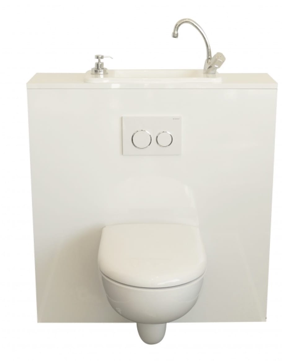 Weiße Waschbecken-WC-Kombi mit aufgesetztem Handwaschbecken und integrierter Toilette