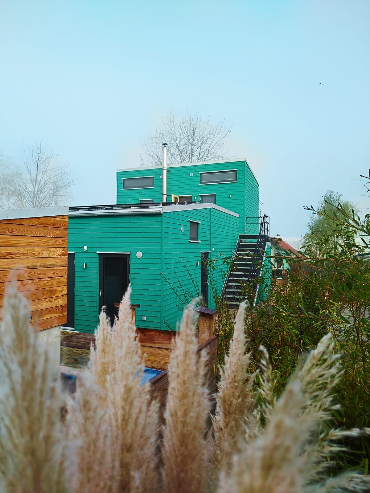 Grünes Tiny House mit schwarzer Außentreppe, dahinter Holzwand, davor blühendes Gras
