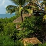 Baumhaus des Chole Mjini Retreat, umgeben von tropischer Vegetation, mit Blick auf das Meer