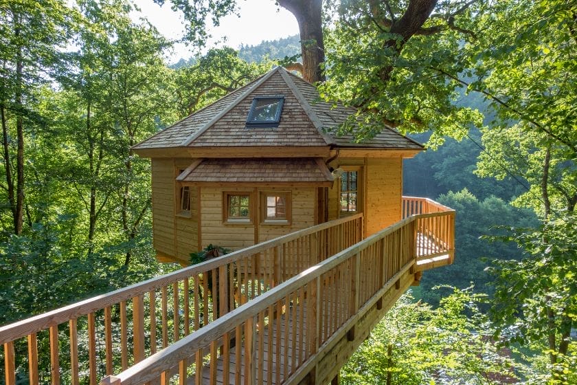 Ein modernes Baumhaus des Baumhaushotels Seemühle, umgeben von grünen Baumwipfeln mit Steg und Balkon