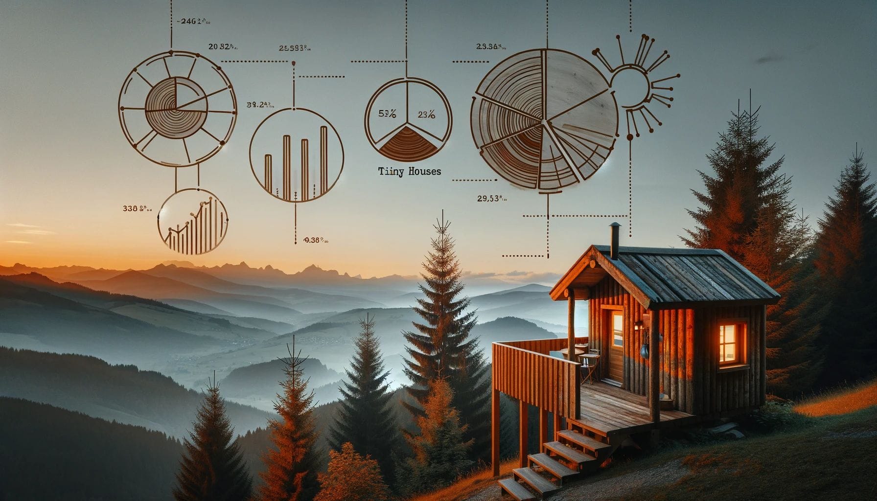 Ein Tiny House im Sonnenuntergang auf einem Berg mit Diagrammen, die die Umfrageergebnisse der Tiny-House-Umfrage 2023/2024 d