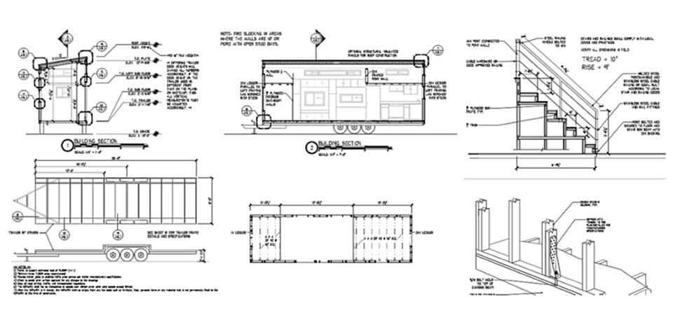 Baupläne für ein Tiny House: technische Zeichnungen von Grundriss, Seitenansicht, Treppe und Dach