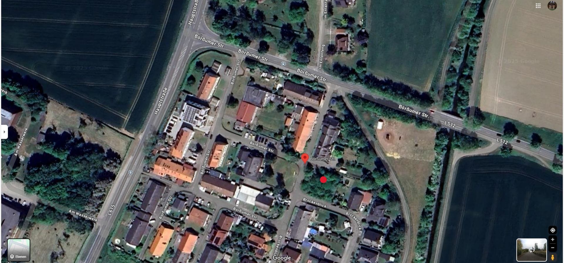 Satellitenansicht des Eckgrundstücks in Heiningen (NI) an der Börßumer Straße mit umliegenden Feldern
