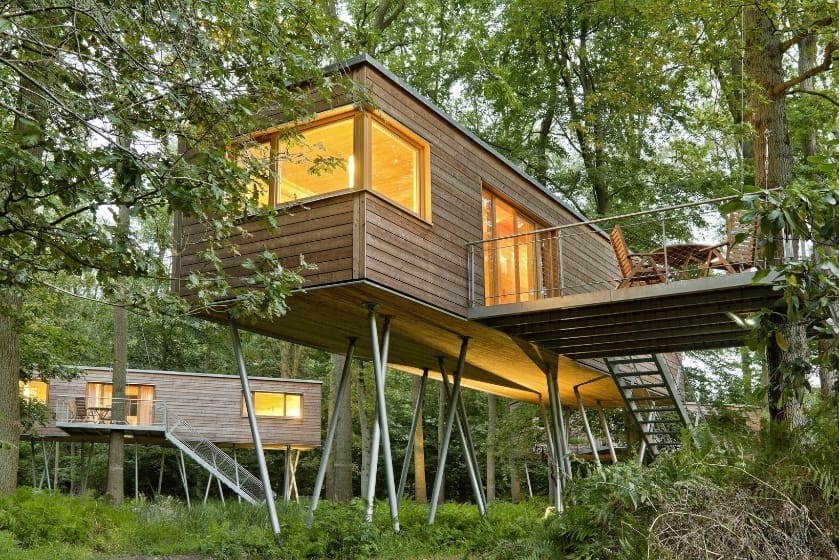 Zwei moderne Baumhäuser auf Stelzen mit großen Fenstern und Terrassen, umgeben von Bäumen im Resort Baumgeflüster