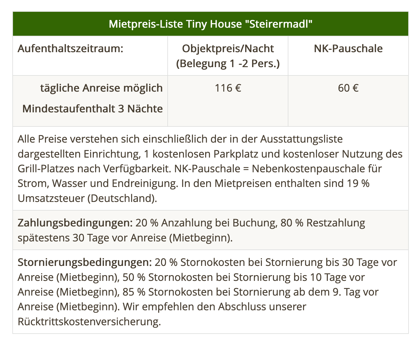Mietpreis-Liste des Tiny House "Steirermadl" mit Preisen pro Nacht, Nebenkosten, Zahlungs- und Stornobedingungen
