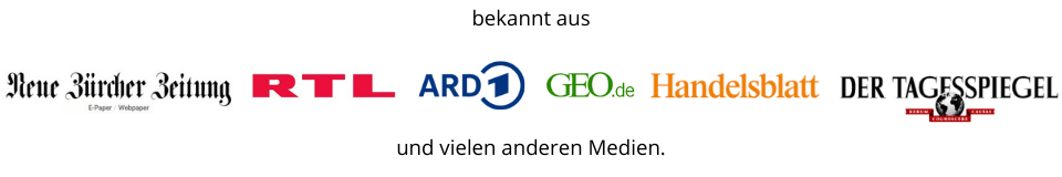 Logos von Medien wie Neue Zürcher Zeitung, RTL, ARD, GEO.de, Handelsblatt und Der Tagesspiegel